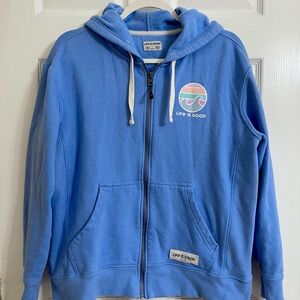 Life is Good Light Blue Fleece-lined Zip-up Jacket with Sunset Beach Design M/L